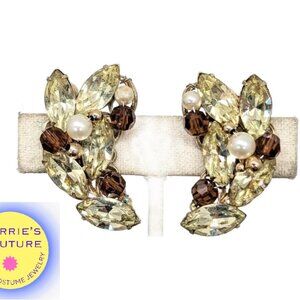 Vintage Signed Napier Faux-Citrine, Topaz & Pearl Clip Earrings